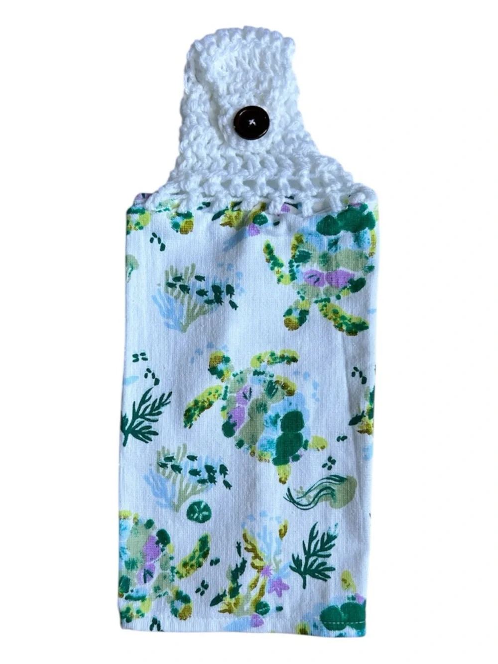 Hand Crafted Colorful Rainbow Turtle Print Hanging Hand Towel Crochet Top